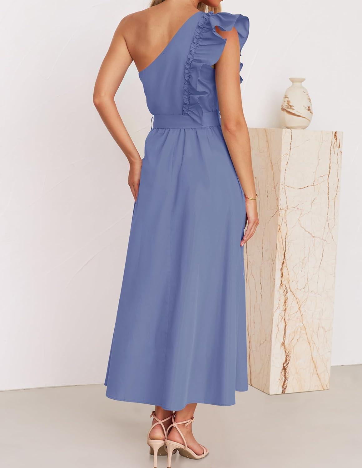 imageZESICA Womens 2025 Summer One Shoulder Ruffle Dress Sleeveless Empire Waist Boho Flowy Maxi DressesDustyblue