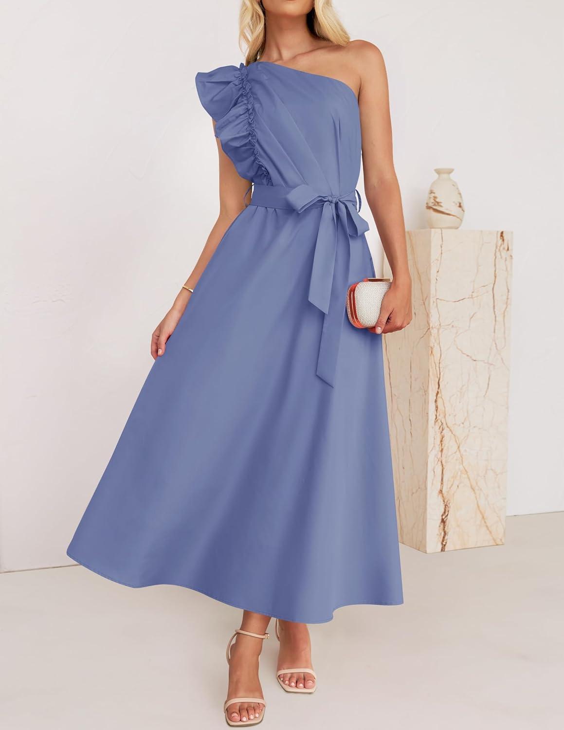imageZESICA Womens 2025 Summer One Shoulder Ruffle Dress Sleeveless Empire Waist Boho Flowy Maxi DressesDustyblue