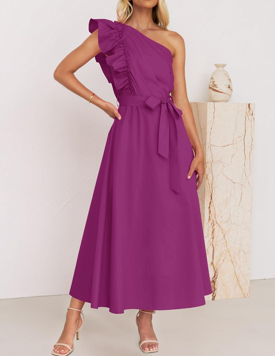 imageZESICA Womens 2025 Summer One Shoulder Ruffle Dress Sleeveless Empire Waist Boho Flowy Maxi DressesEggplant