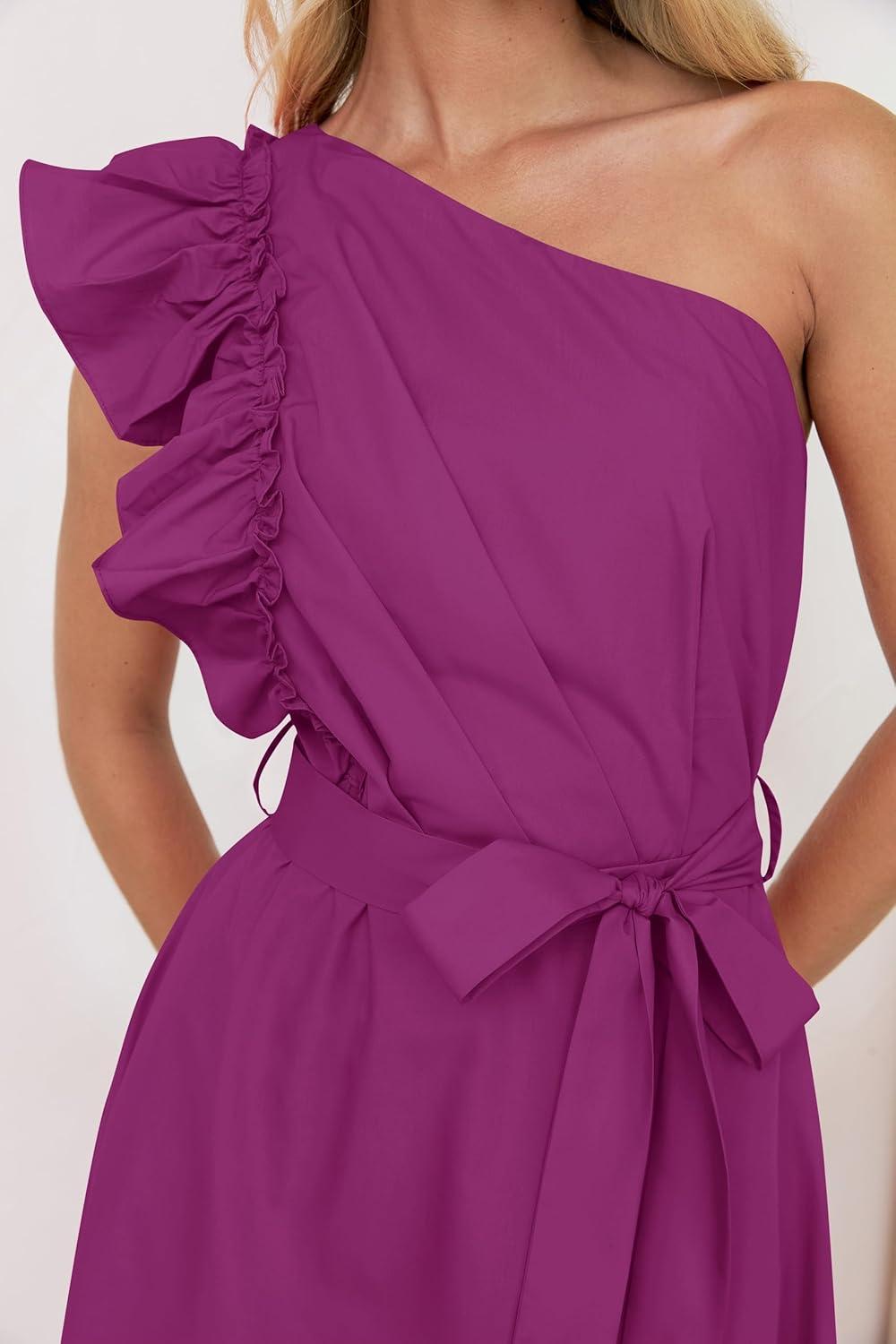 imageZESICA Womens 2025 Summer One Shoulder Ruffle Dress Sleeveless Empire Waist Boho Flowy Maxi DressesEggplant