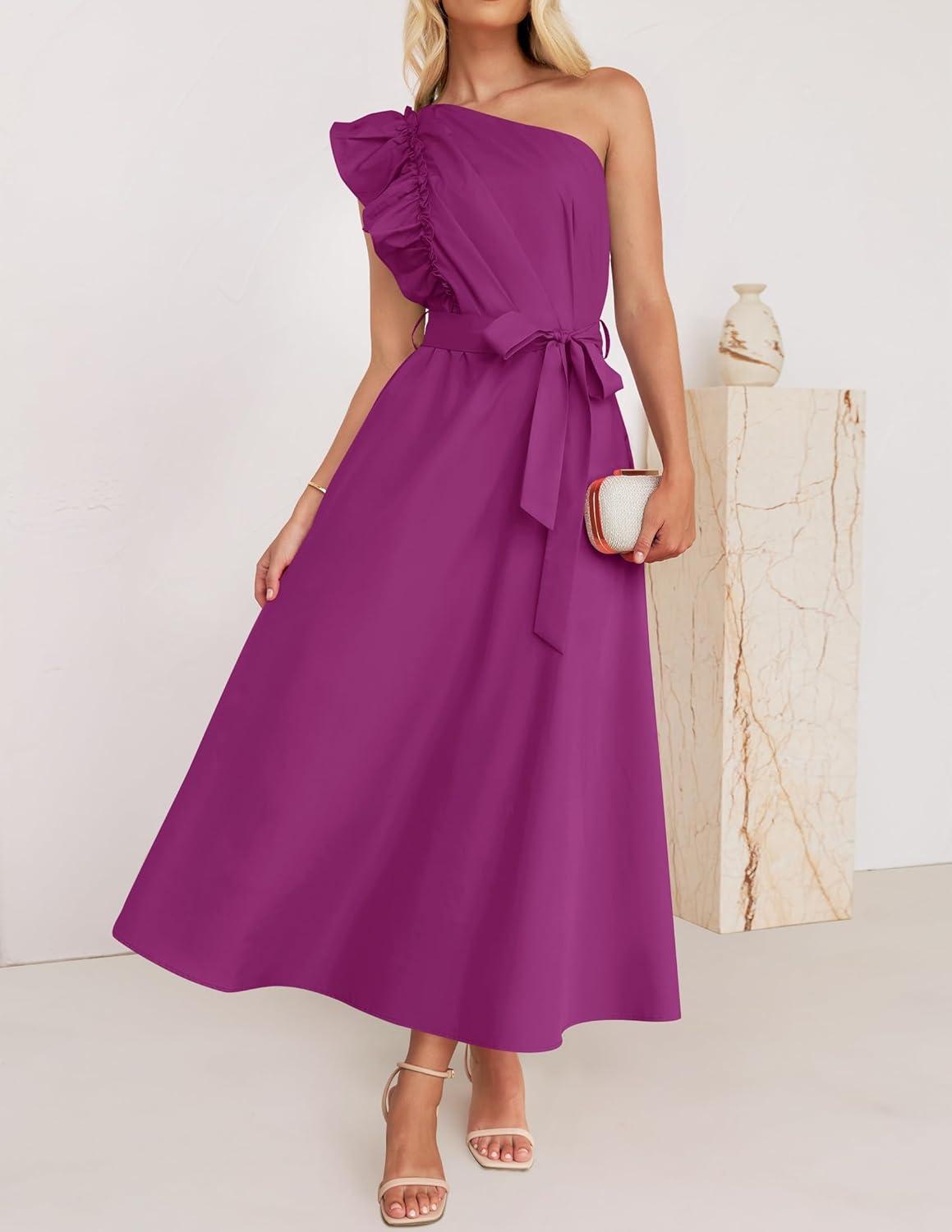 imageZESICA Womens 2025 Summer One Shoulder Ruffle Dress Sleeveless Empire Waist Boho Flowy Maxi DressesEggplant