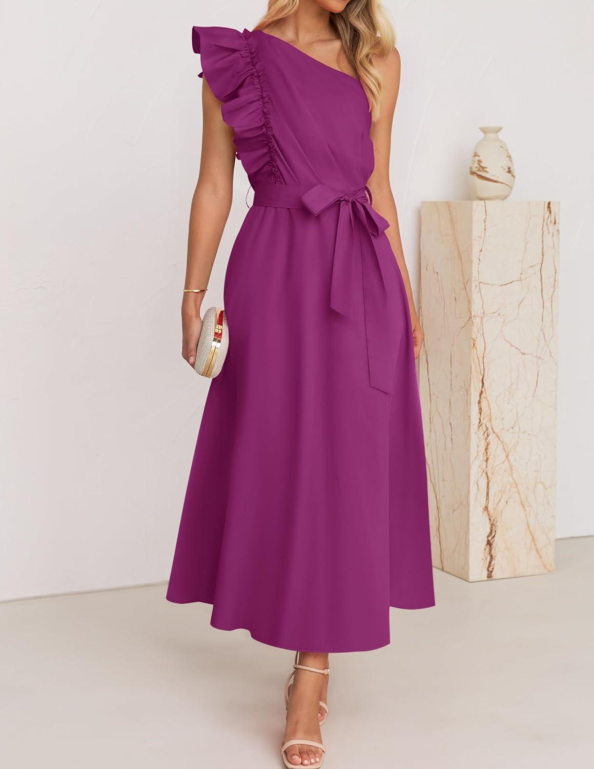 imageZESICA Womens 2025 Summer One Shoulder Ruffle Dress Sleeveless Empire Waist Boho Flowy Maxi DressesEggplant