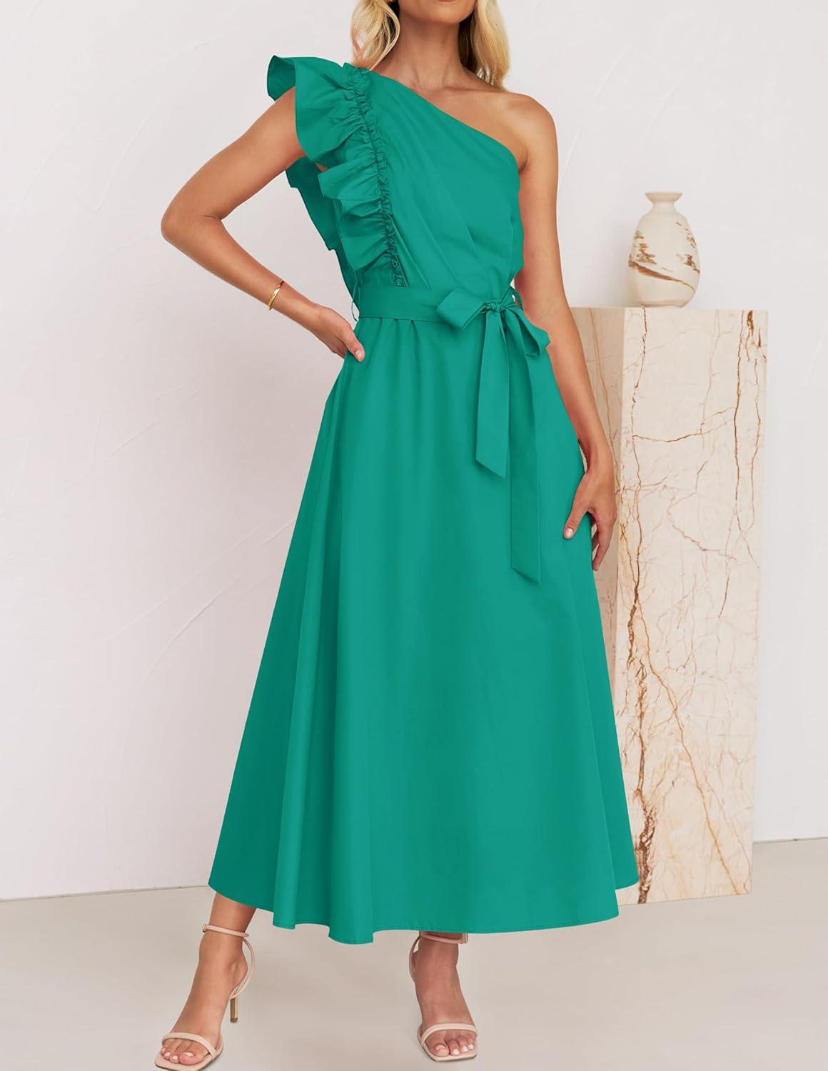 imageZESICA Womens 2025 Summer One Shoulder Ruffle Dress Sleeveless Empire Waist Boho Flowy Maxi DressesGreen