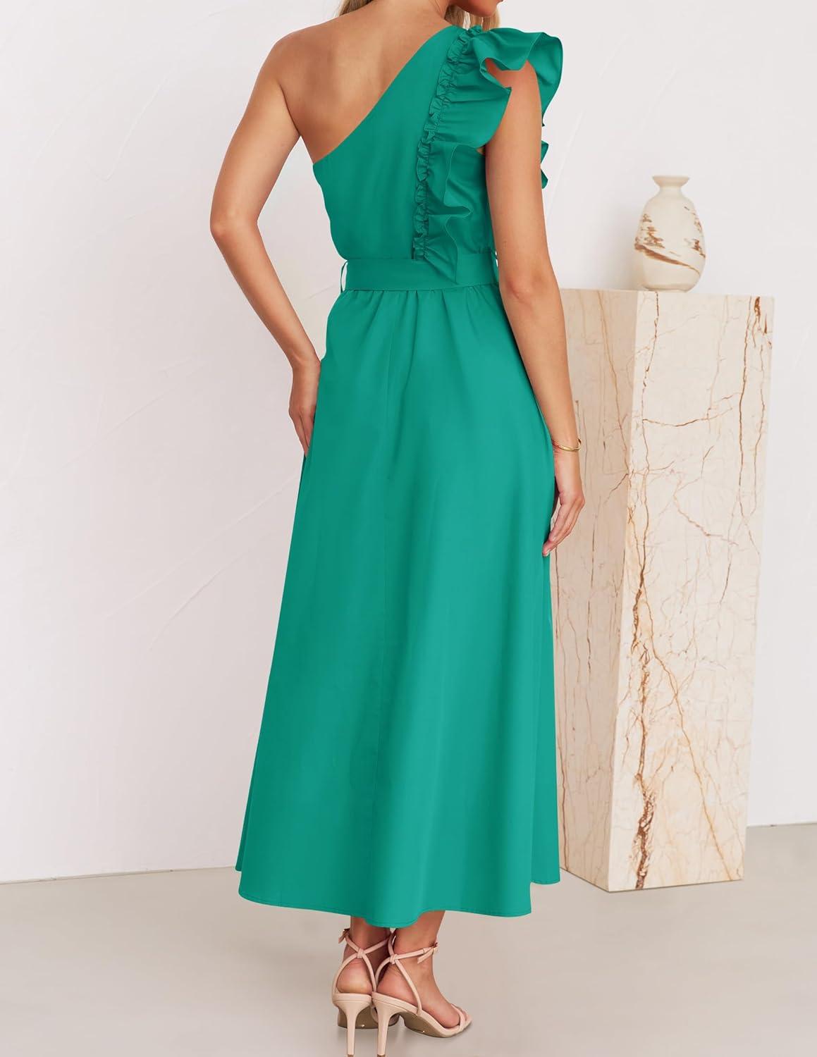 imageZESICA Womens 2025 Summer One Shoulder Ruffle Dress Sleeveless Empire Waist Boho Flowy Maxi DressesGreen