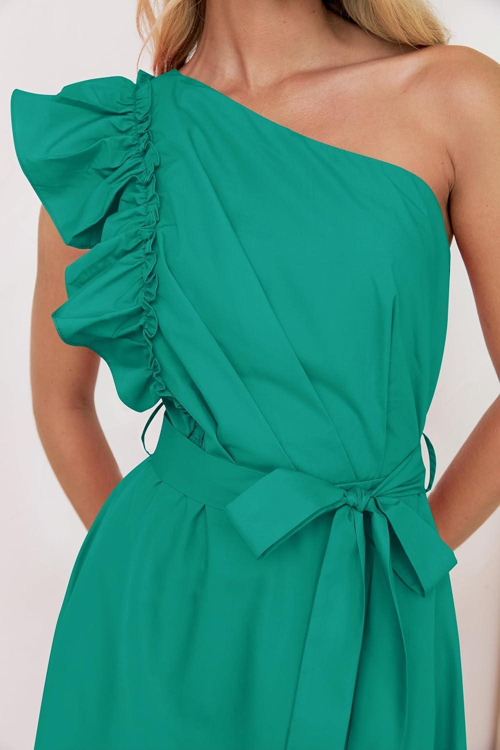 imageZESICA Womens 2025 Summer One Shoulder Ruffle Dress Sleeveless Empire Waist Boho Flowy Maxi DressesGreen