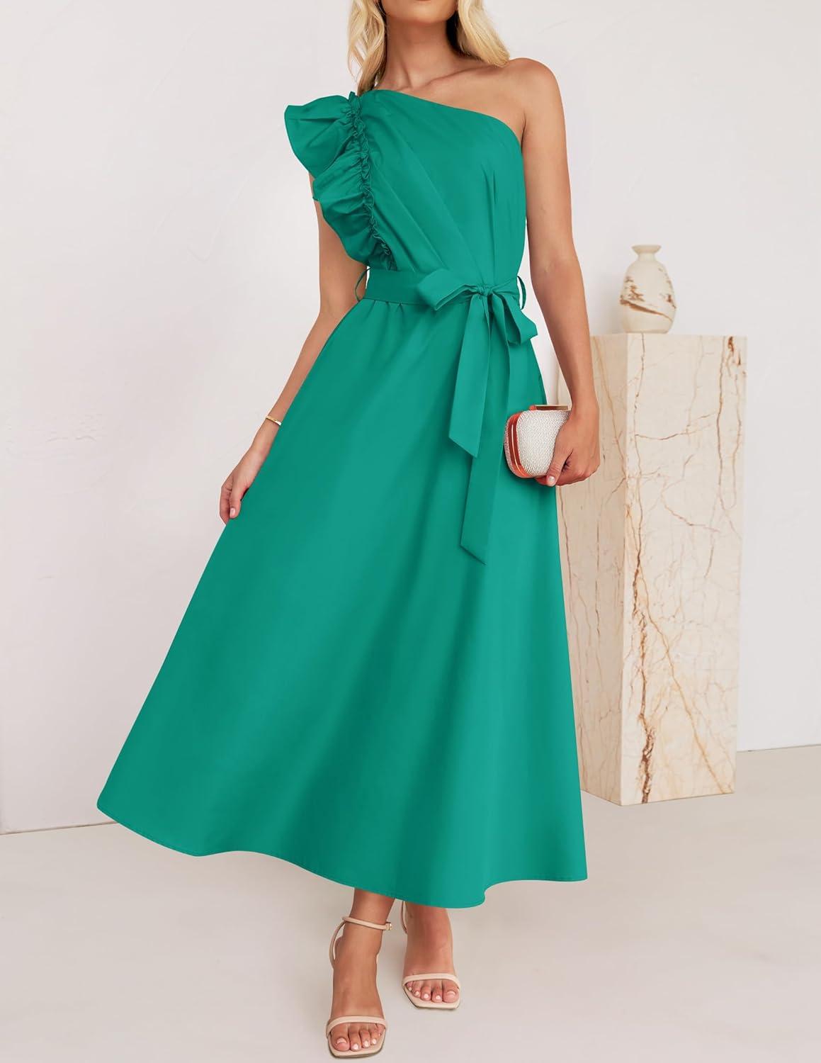 imageZESICA Womens 2025 Summer One Shoulder Ruffle Dress Sleeveless Empire Waist Boho Flowy Maxi DressesGreen