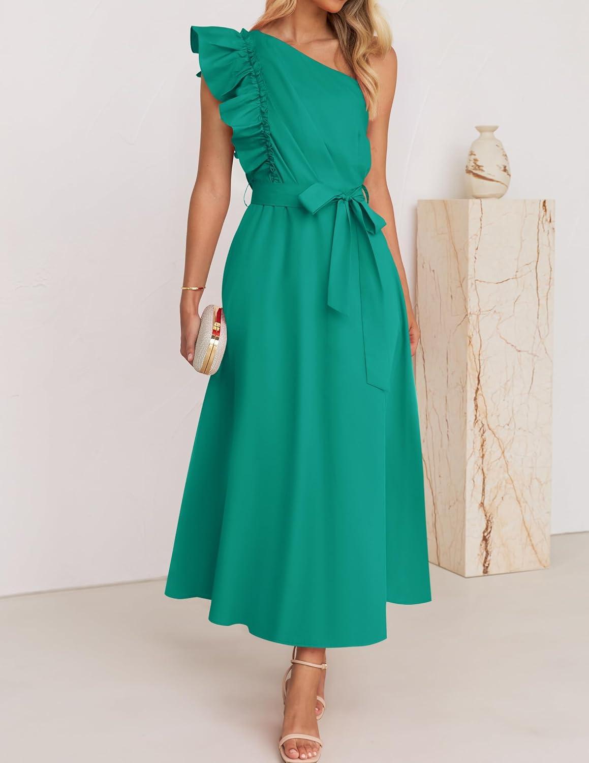 imageZESICA Womens 2025 Summer One Shoulder Ruffle Dress Sleeveless Empire Waist Boho Flowy Maxi DressesGreen