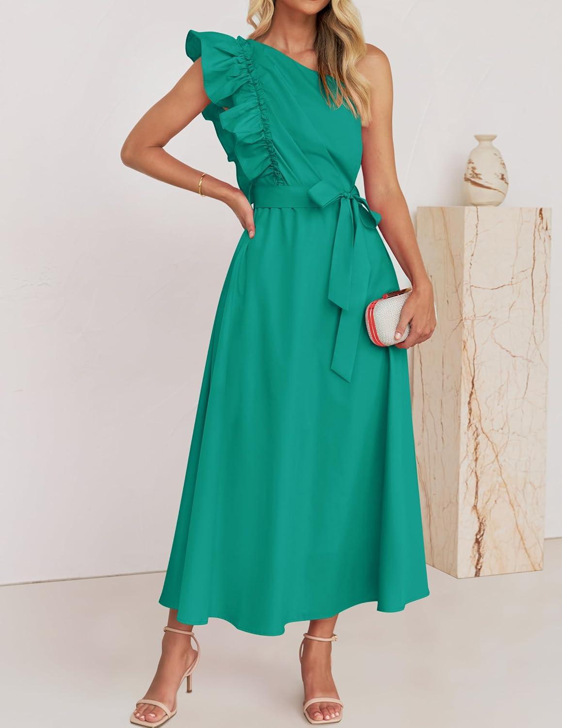 imageZESICA Womens 2025 Summer One Shoulder Ruffle Dress Sleeveless Empire Waist Boho Flowy Maxi DressesGreen