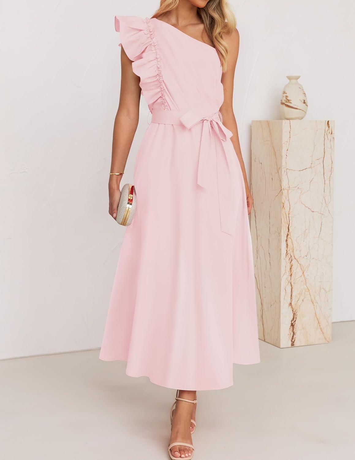 imageZESICA Womens 2025 Summer One Shoulder Ruffle Dress Sleeveless Empire Waist Boho Flowy Maxi DressesPink