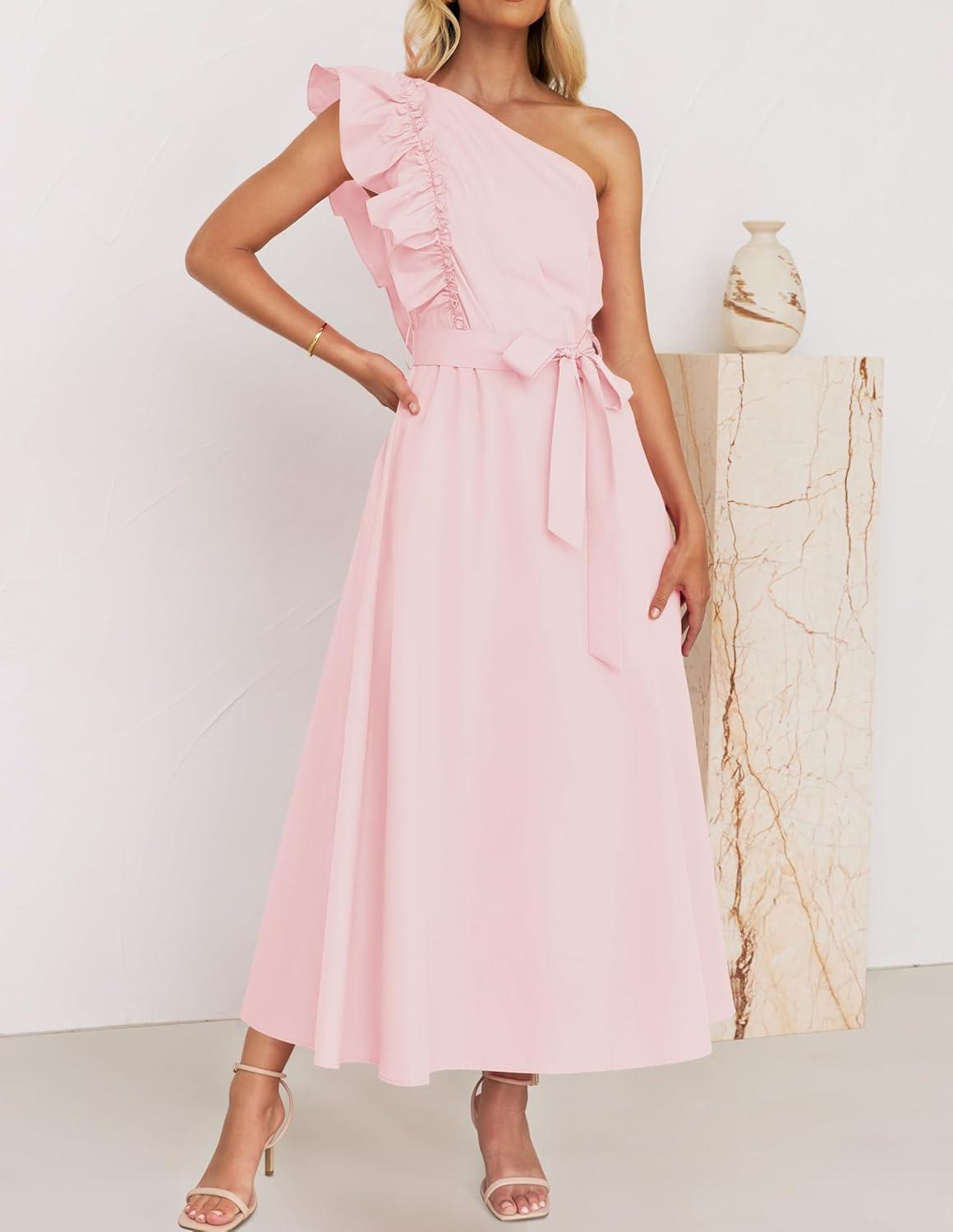 imageZESICA Womens 2025 Summer One Shoulder Ruffle Dress Sleeveless Empire Waist Boho Flowy Maxi DressesPink
