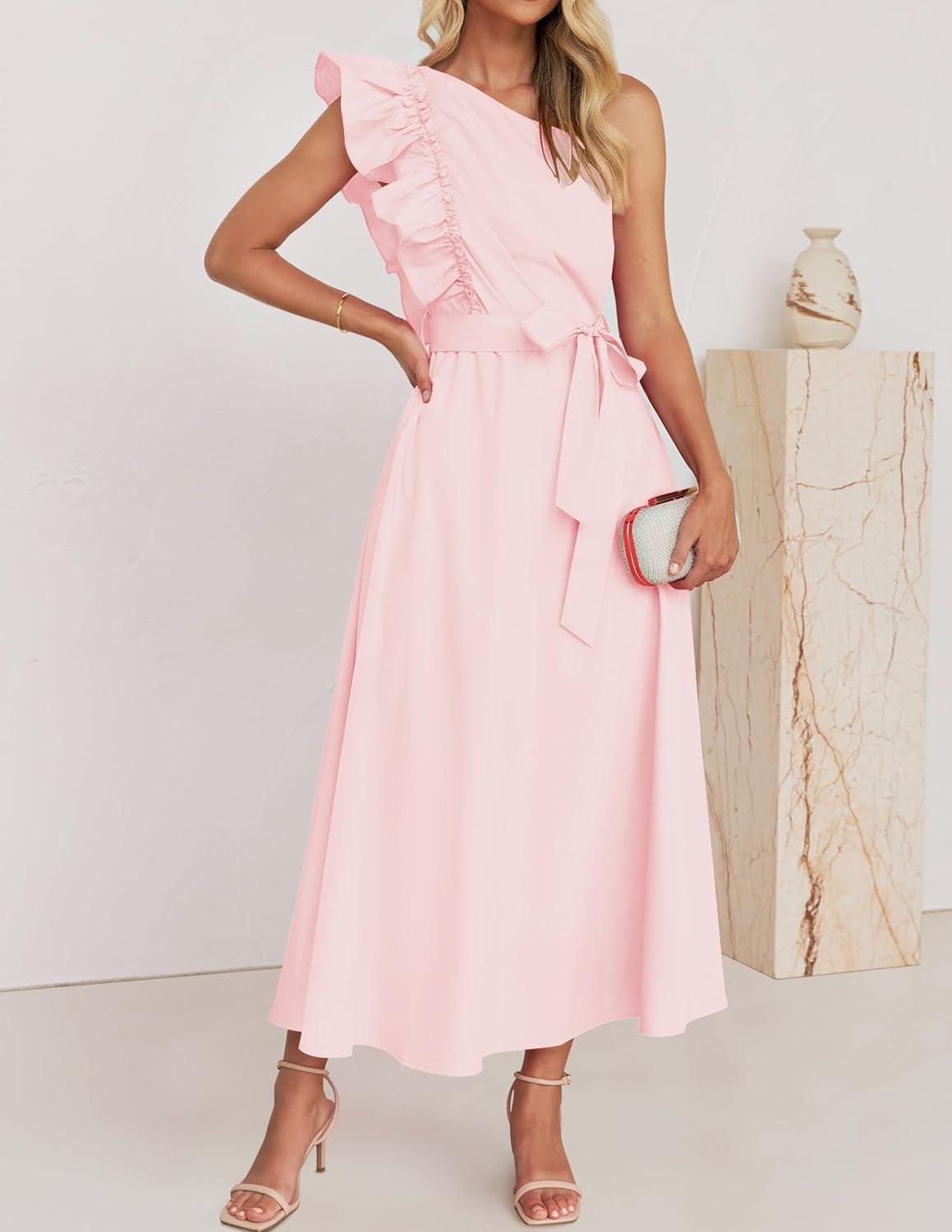 imageZESICA Womens 2025 Summer One Shoulder Ruffle Dress Sleeveless Empire Waist Boho Flowy Maxi DressesPink