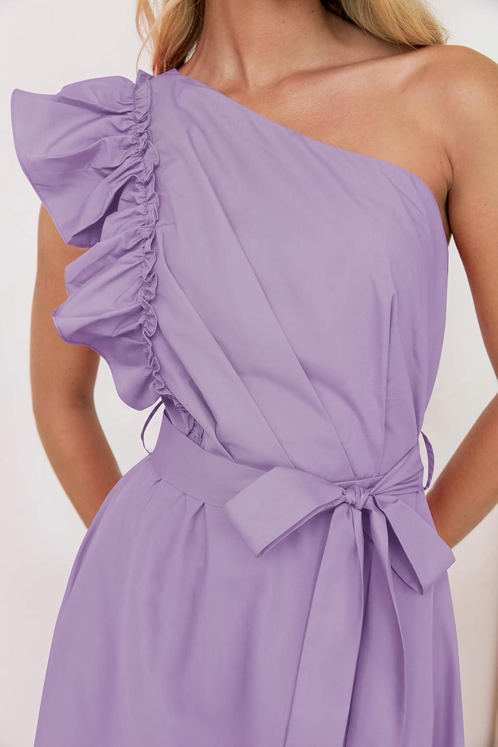 imageZESICA Womens 2025 Summer One Shoulder Ruffle Dress Sleeveless Empire Waist Boho Flowy Maxi DressesPurple