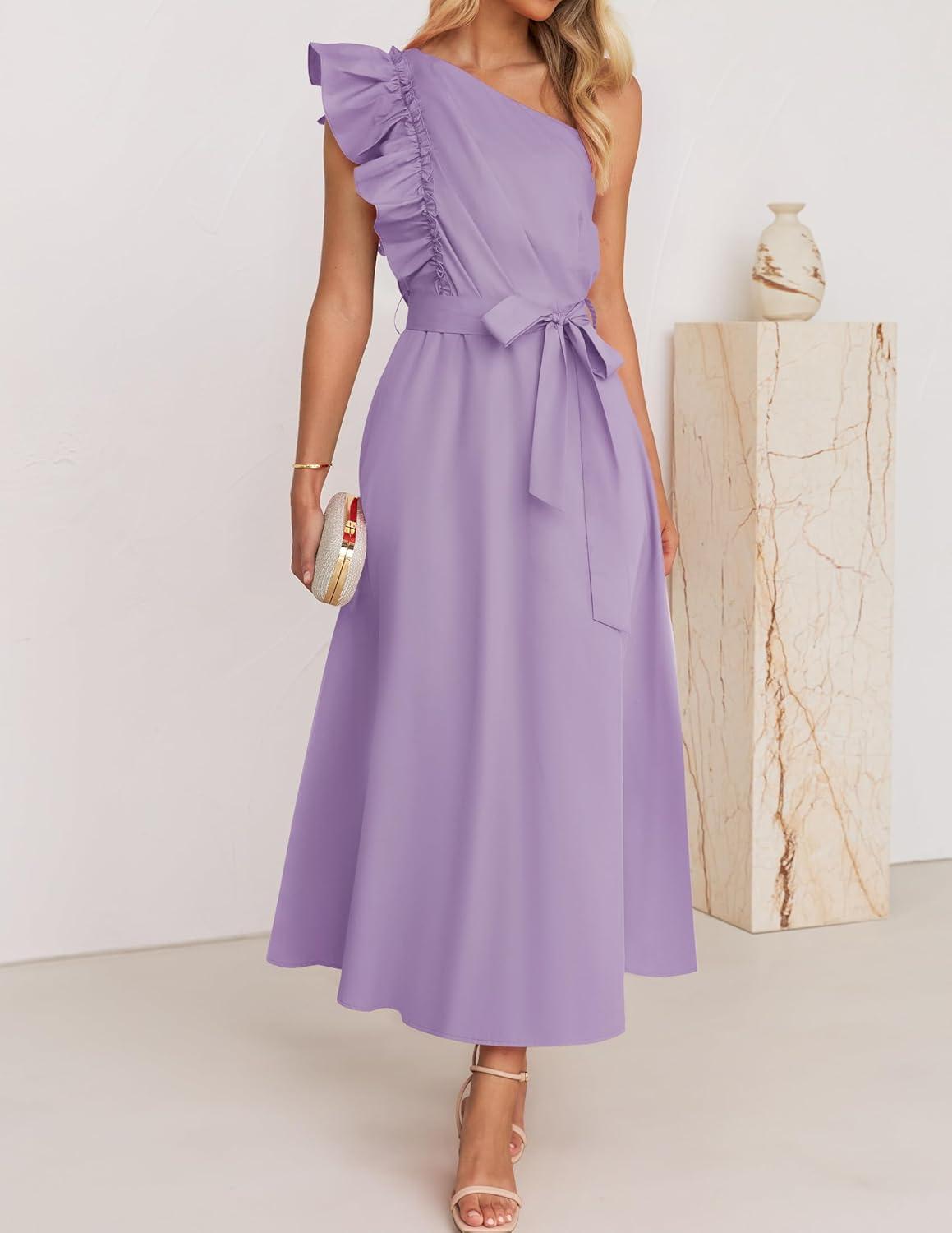 imageZESICA Womens 2025 Summer One Shoulder Ruffle Dress Sleeveless Empire Waist Boho Flowy Maxi DressesPurple