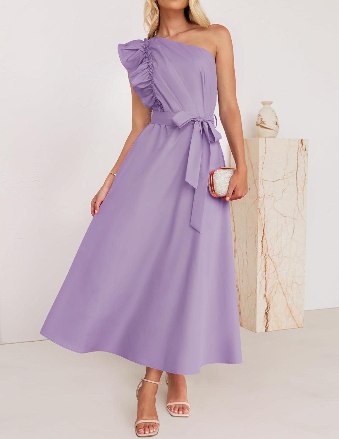 imageZESICA Womens 2025 Summer One Shoulder Ruffle Dress Sleeveless Empire Waist Boho Flowy Maxi DressesPurple