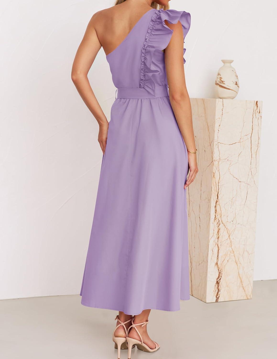 imageZESICA Womens 2025 Summer One Shoulder Ruffle Dress Sleeveless Empire Waist Boho Flowy Maxi DressesPurple