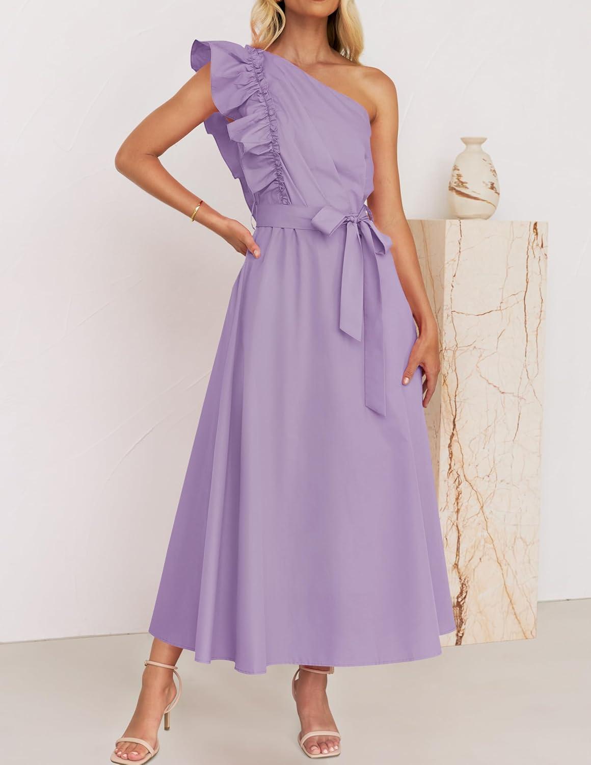 imageZESICA Womens 2025 Summer One Shoulder Ruffle Dress Sleeveless Empire Waist Boho Flowy Maxi DressesPurple