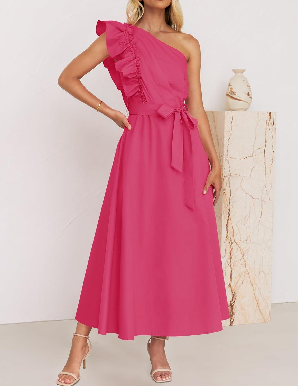 imageZESICA Womens 2025 Summer One Shoulder Ruffle Dress Sleeveless Empire Waist Boho Flowy Maxi DressesRose