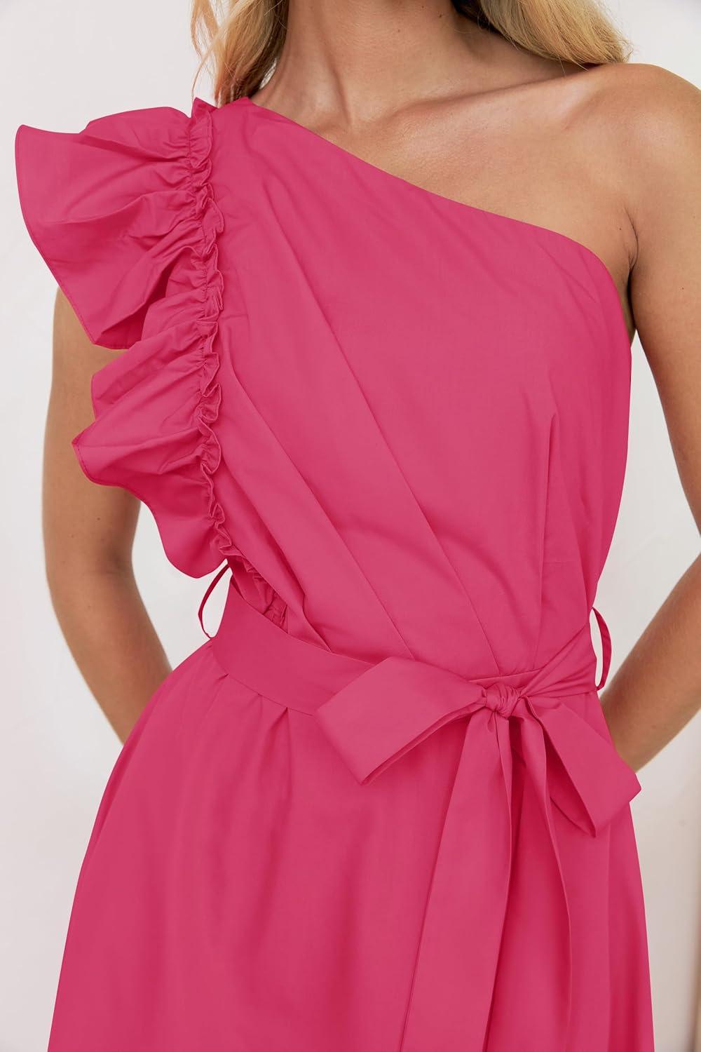 imageZESICA Womens 2025 Summer One Shoulder Ruffle Dress Sleeveless Empire Waist Boho Flowy Maxi DressesRose