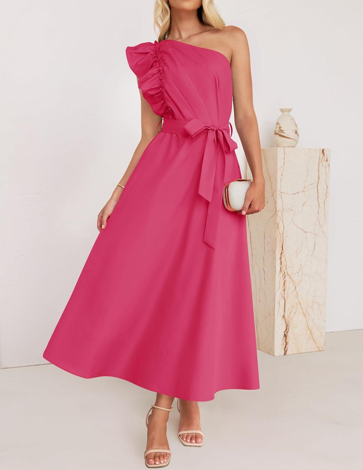 imageZESICA Womens 2025 Summer One Shoulder Ruffle Dress Sleeveless Empire Waist Boho Flowy Maxi DressesRose