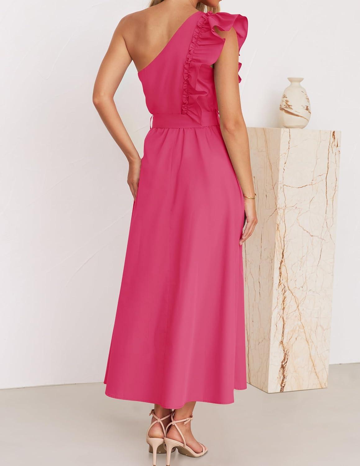 imageZESICA Womens 2025 Summer One Shoulder Ruffle Dress Sleeveless Empire Waist Boho Flowy Maxi DressesRose