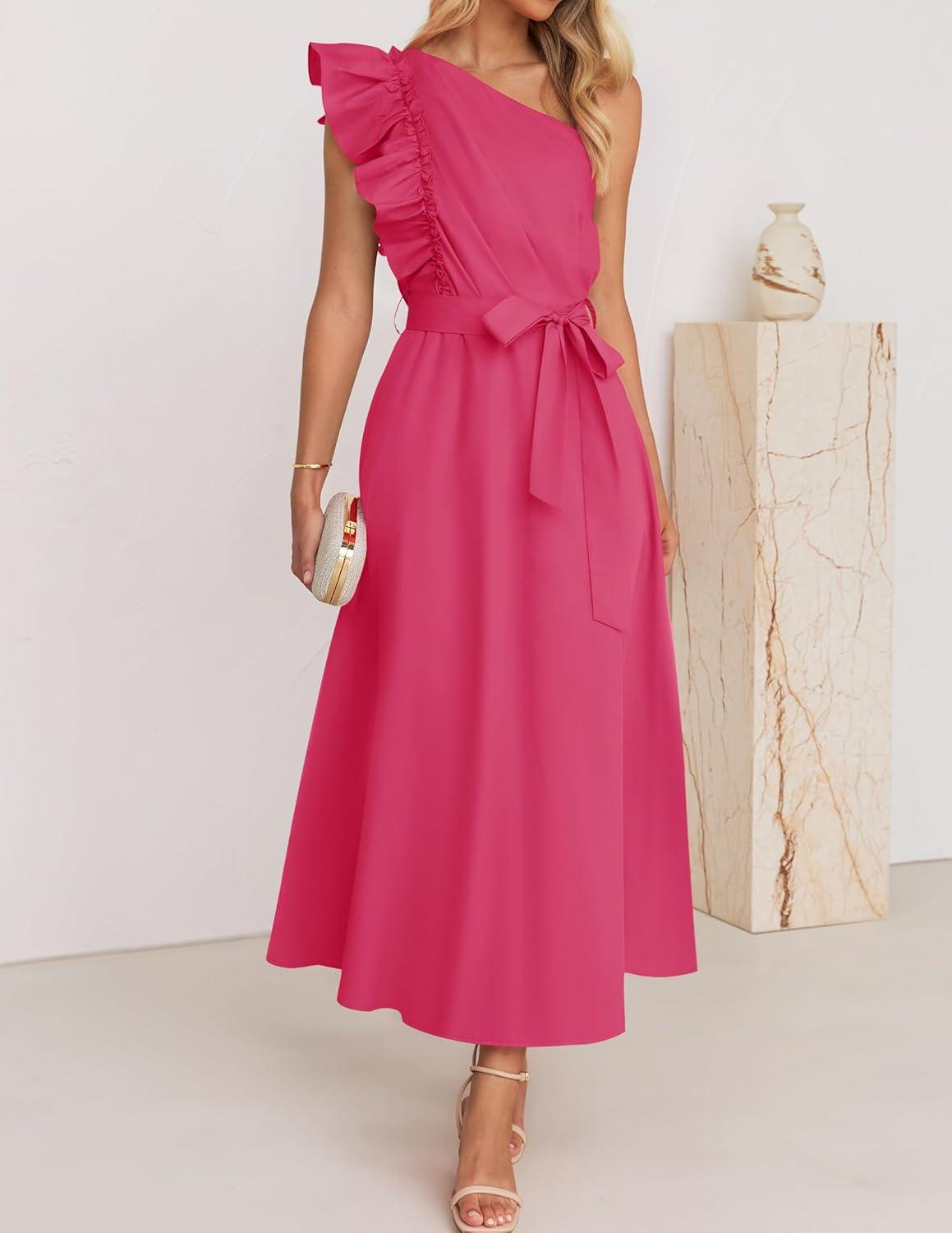 imageZESICA Womens 2025 Summer One Shoulder Ruffle Dress Sleeveless Empire Waist Boho Flowy Maxi DressesRose