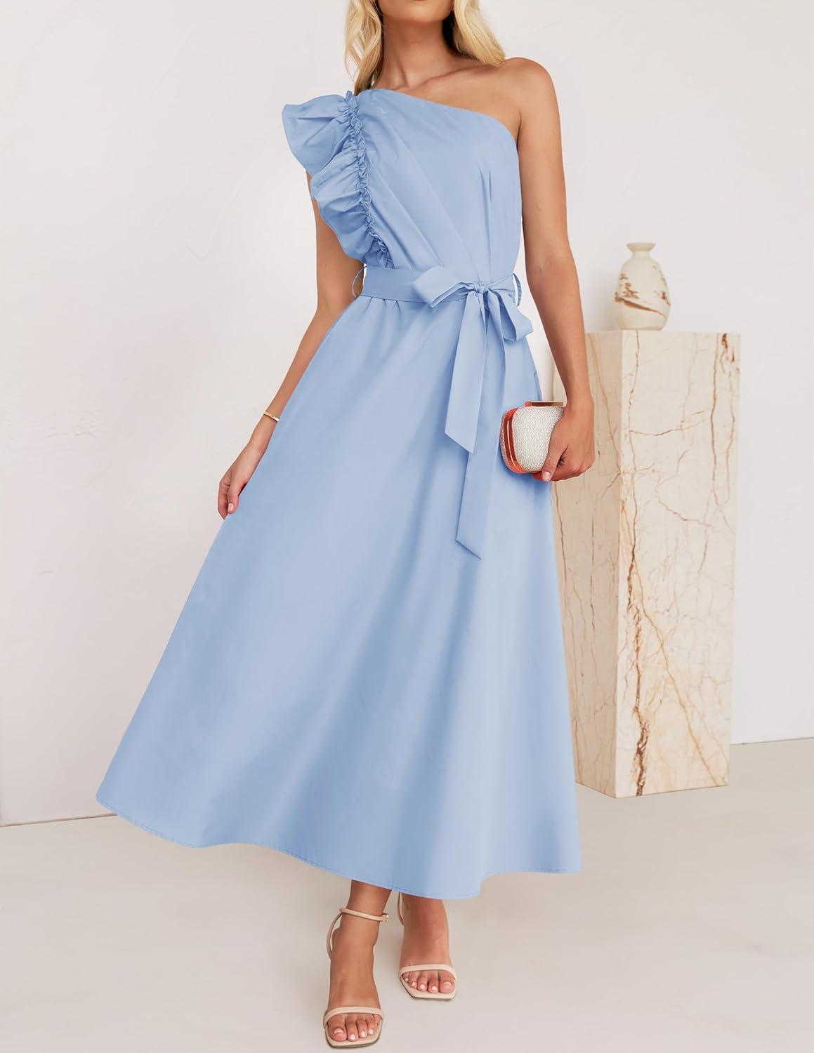 imageZESICA Womens 2025 Summer One Shoulder Ruffle Dress Sleeveless Empire Waist Boho Flowy Maxi DressesSky