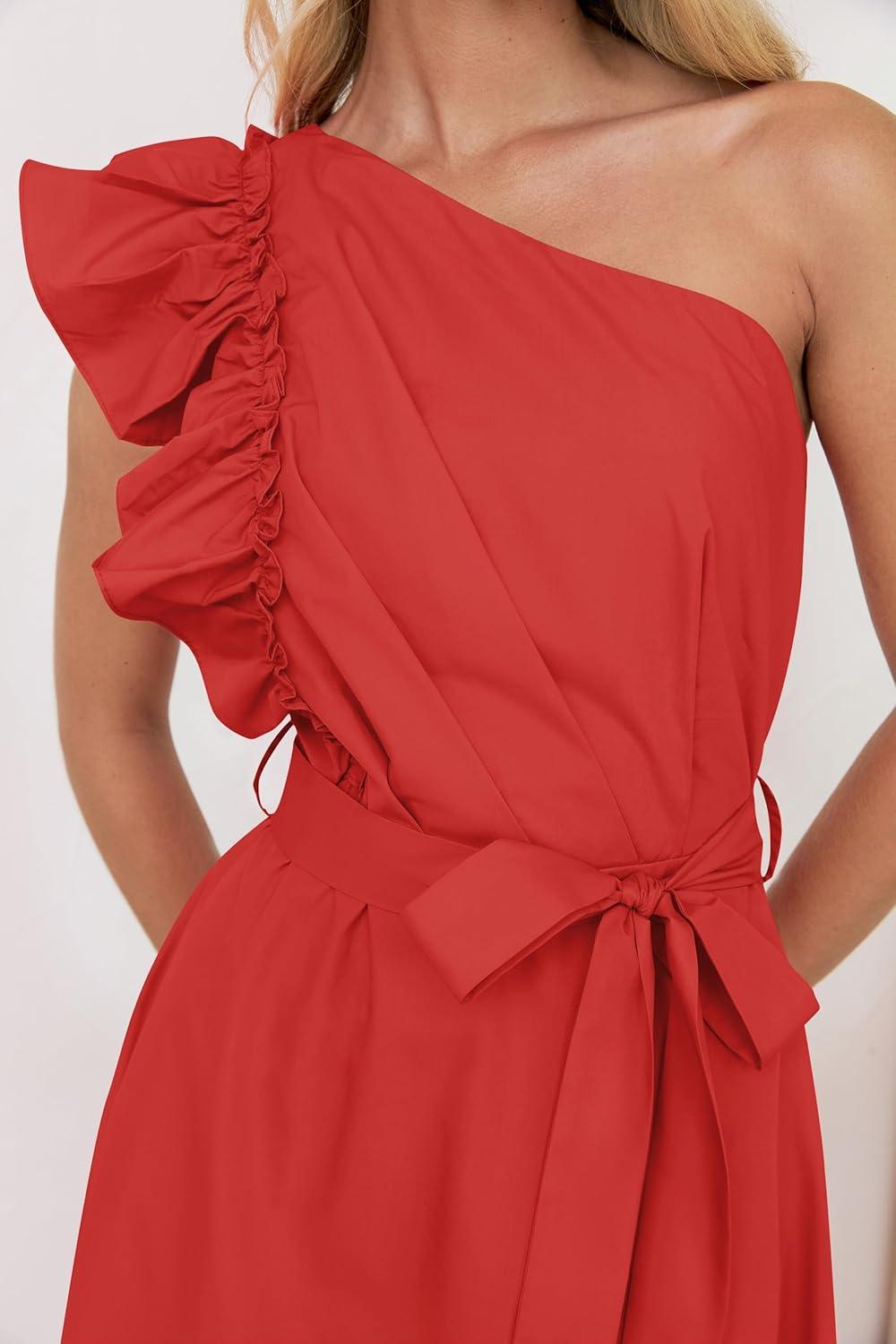 imageZESICA Womens 2025 Summer One Shoulder Ruffle Dress Sleeveless Empire Waist Boho Flowy Maxi DressesWatermelonred