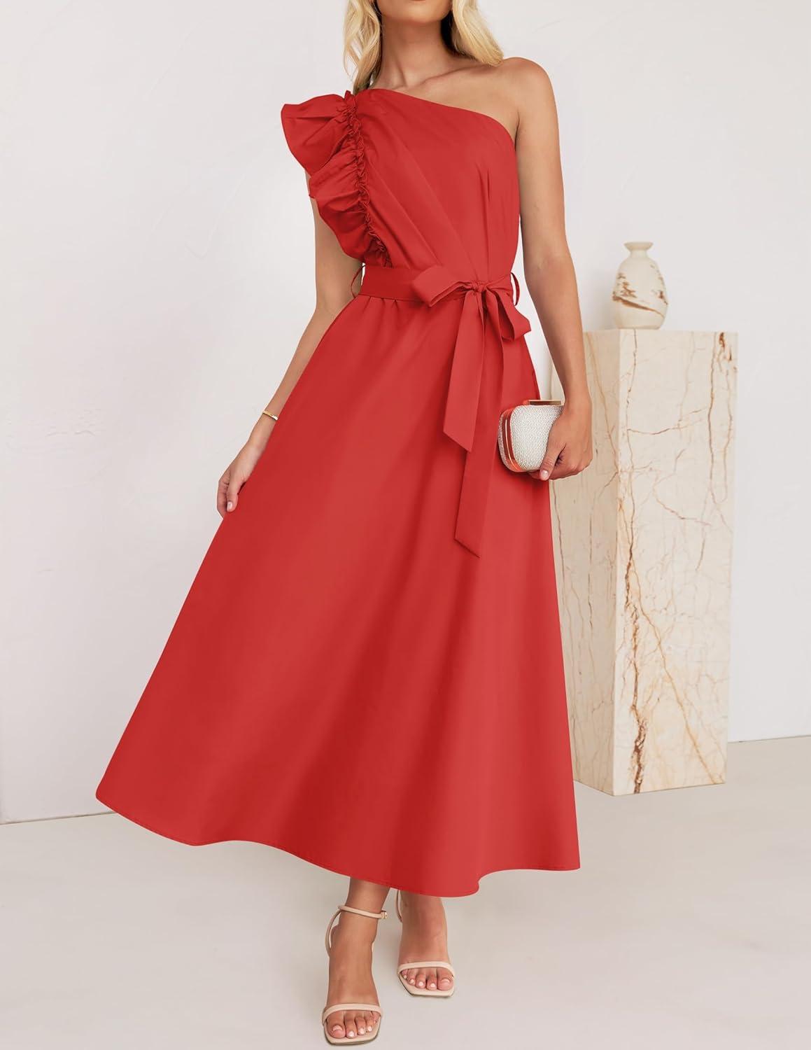 imageZESICA Womens 2025 Summer One Shoulder Ruffle Dress Sleeveless Empire Waist Boho Flowy Maxi DressesWatermelonred