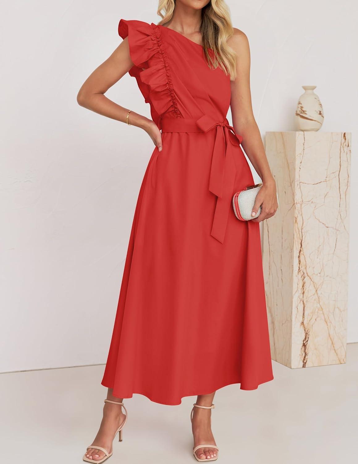 imageZESICA Womens 2025 Summer One Shoulder Ruffle Dress Sleeveless Empire Waist Boho Flowy Maxi DressesWatermelonred