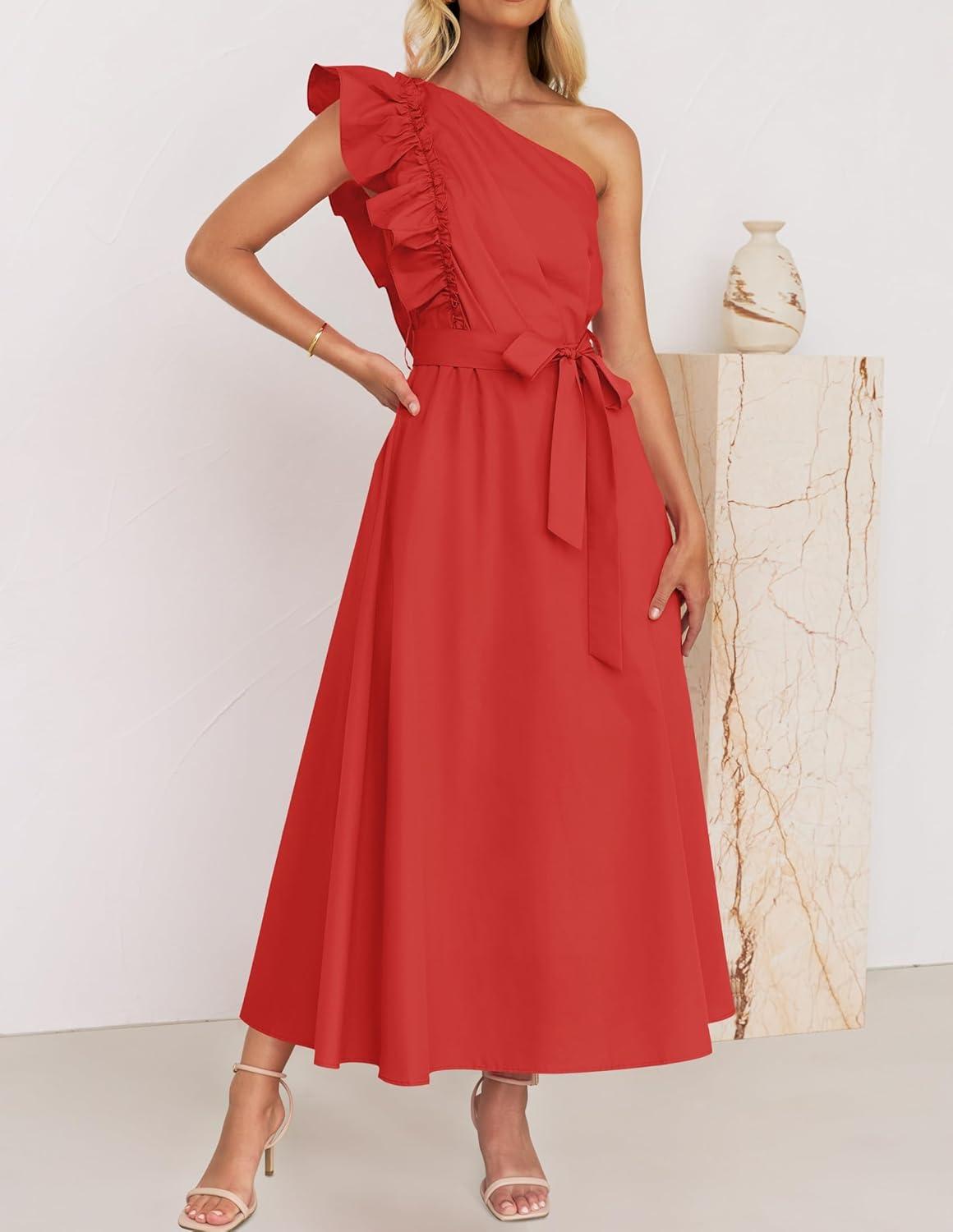 imageZESICA Womens 2025 Summer One Shoulder Ruffle Dress Sleeveless Empire Waist Boho Flowy Maxi DressesWatermelonred