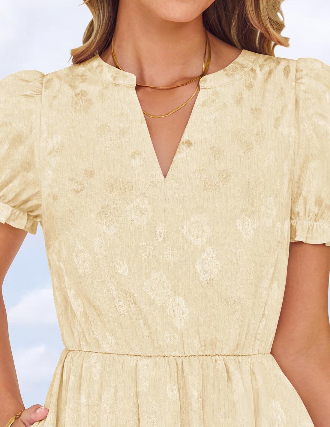 imageZESICA Womens 2025 Summer Puff Short Sleeve Midi Dress Floral V Neck Textured Ruffle Flowy Beach Party DressesApricot
