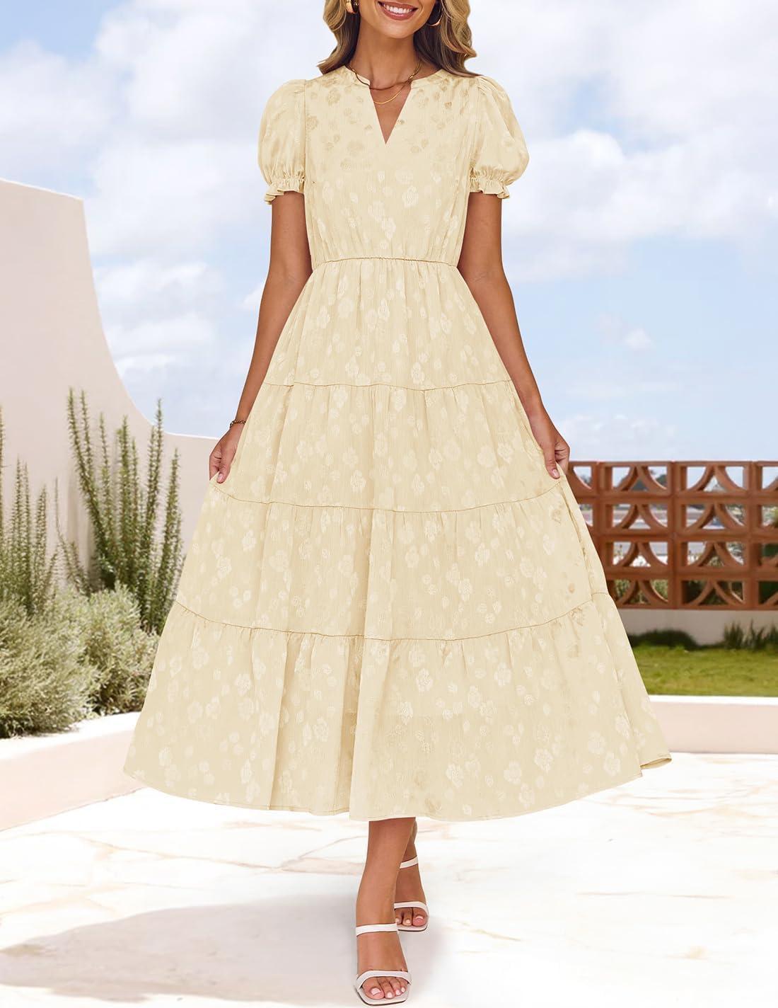 imageZESICA Womens 2025 Summer Puff Short Sleeve Midi Dress Floral V Neck Textured Ruffle Flowy Beach Party DressesApricot