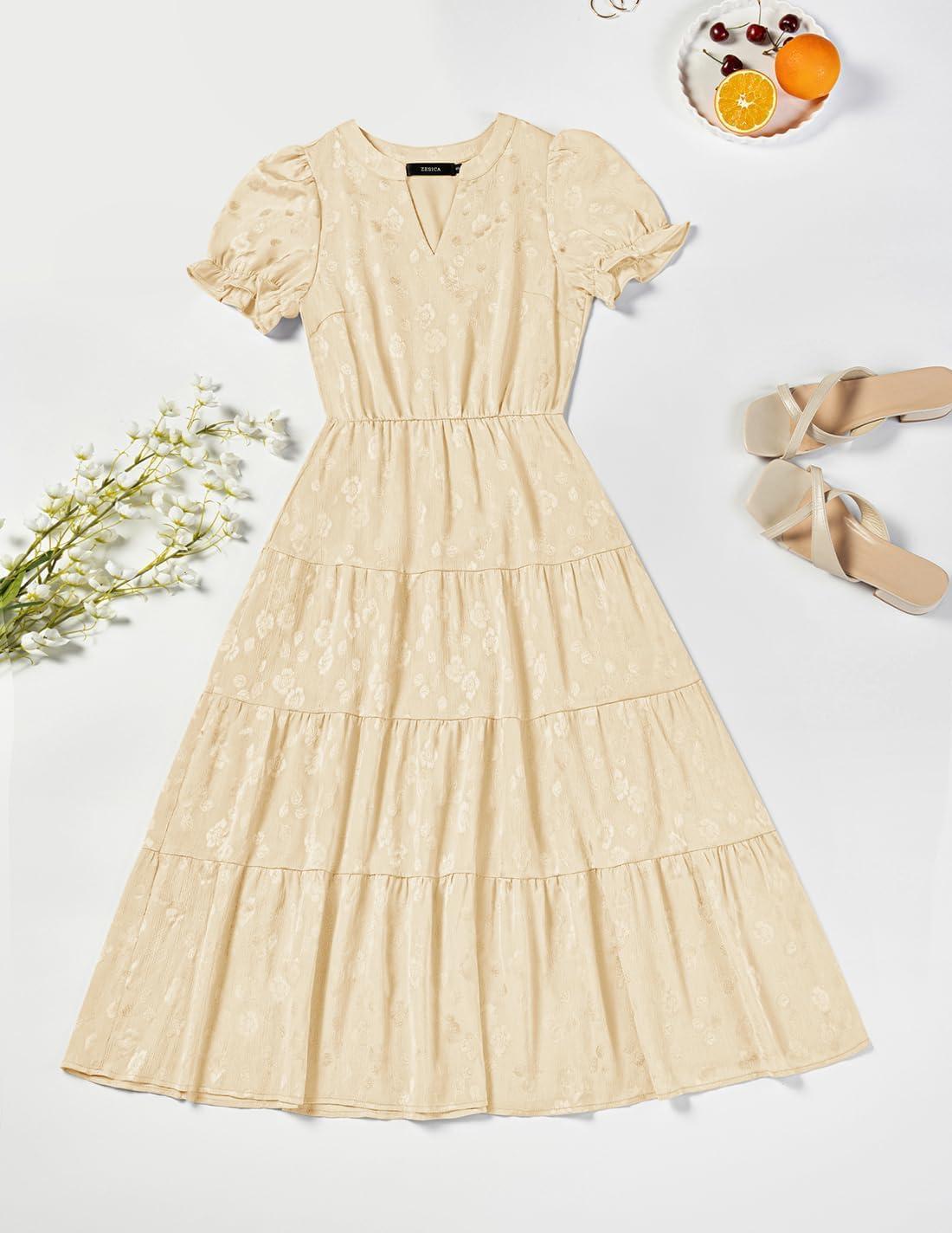 imageZESICA Womens 2025 Summer Puff Short Sleeve Midi Dress Floral V Neck Textured Ruffle Flowy Beach Party DressesApricot