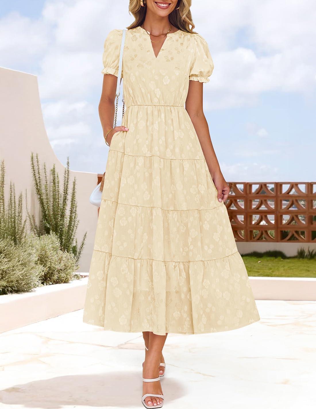 imageZESICA Womens 2025 Summer Puff Short Sleeve Midi Dress Floral V Neck Textured Ruffle Flowy Beach Party DressesApricot