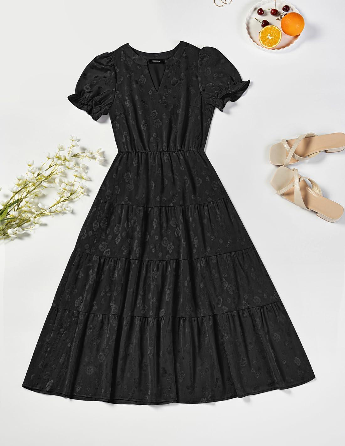 imageZESICA Womens 2025 Summer Puff Short Sleeve Midi Dress Floral V Neck Textured Ruffle Flowy Beach Party DressesBlack
