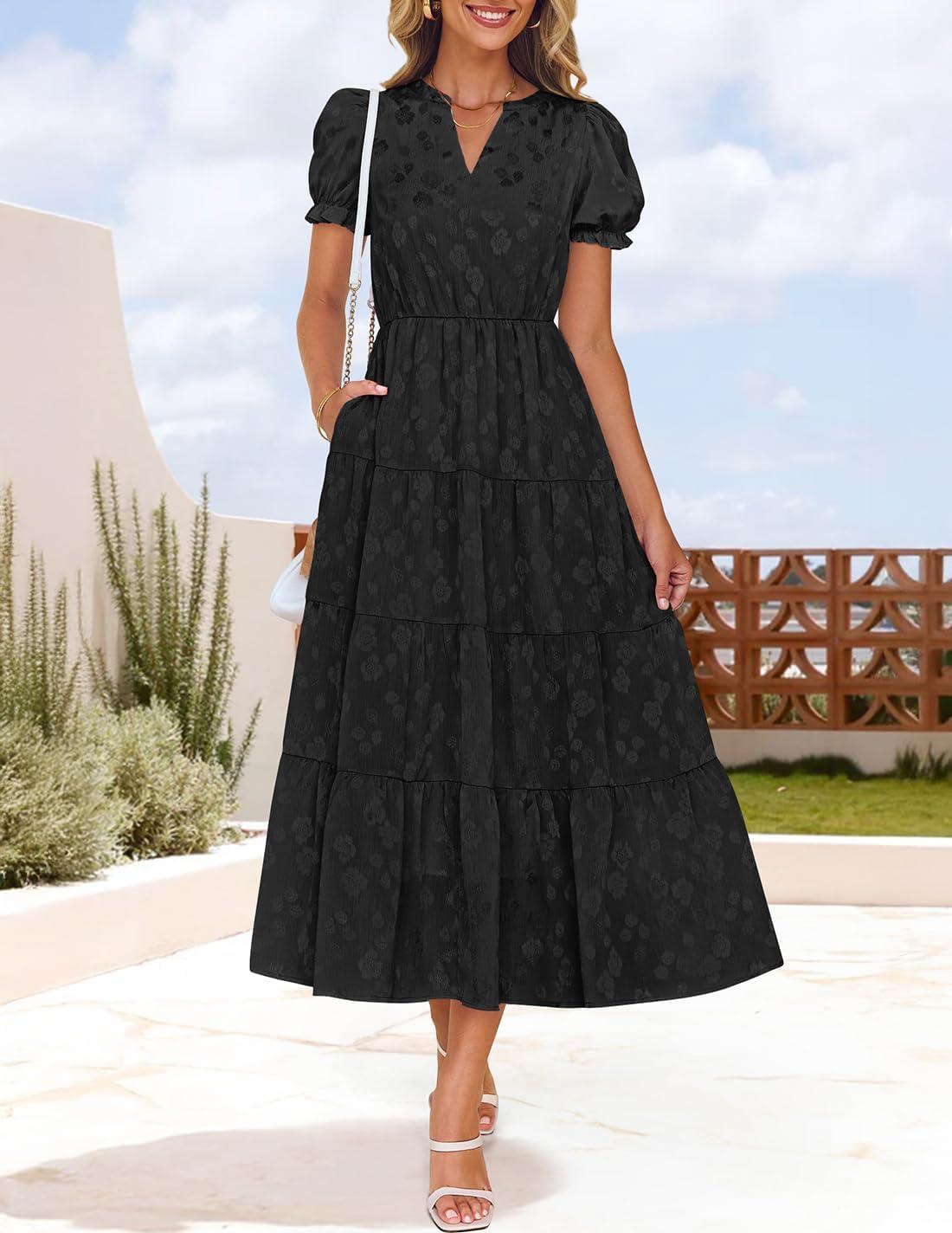 imageZESICA Womens 2025 Summer Puff Short Sleeve Midi Dress Floral V Neck Textured Ruffle Flowy Beach Party DressesBlack