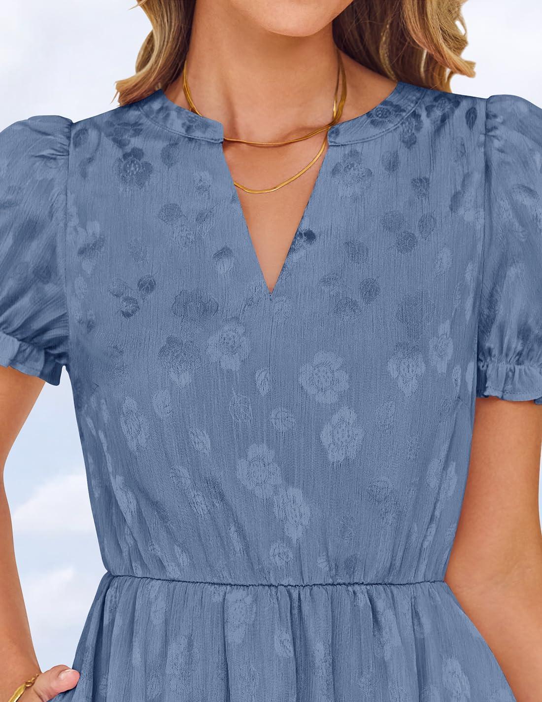 imageZESICA Womens 2025 Summer Puff Short Sleeve Midi Dress Floral V Neck Textured Ruffle Flowy Beach Party DressesBlue
