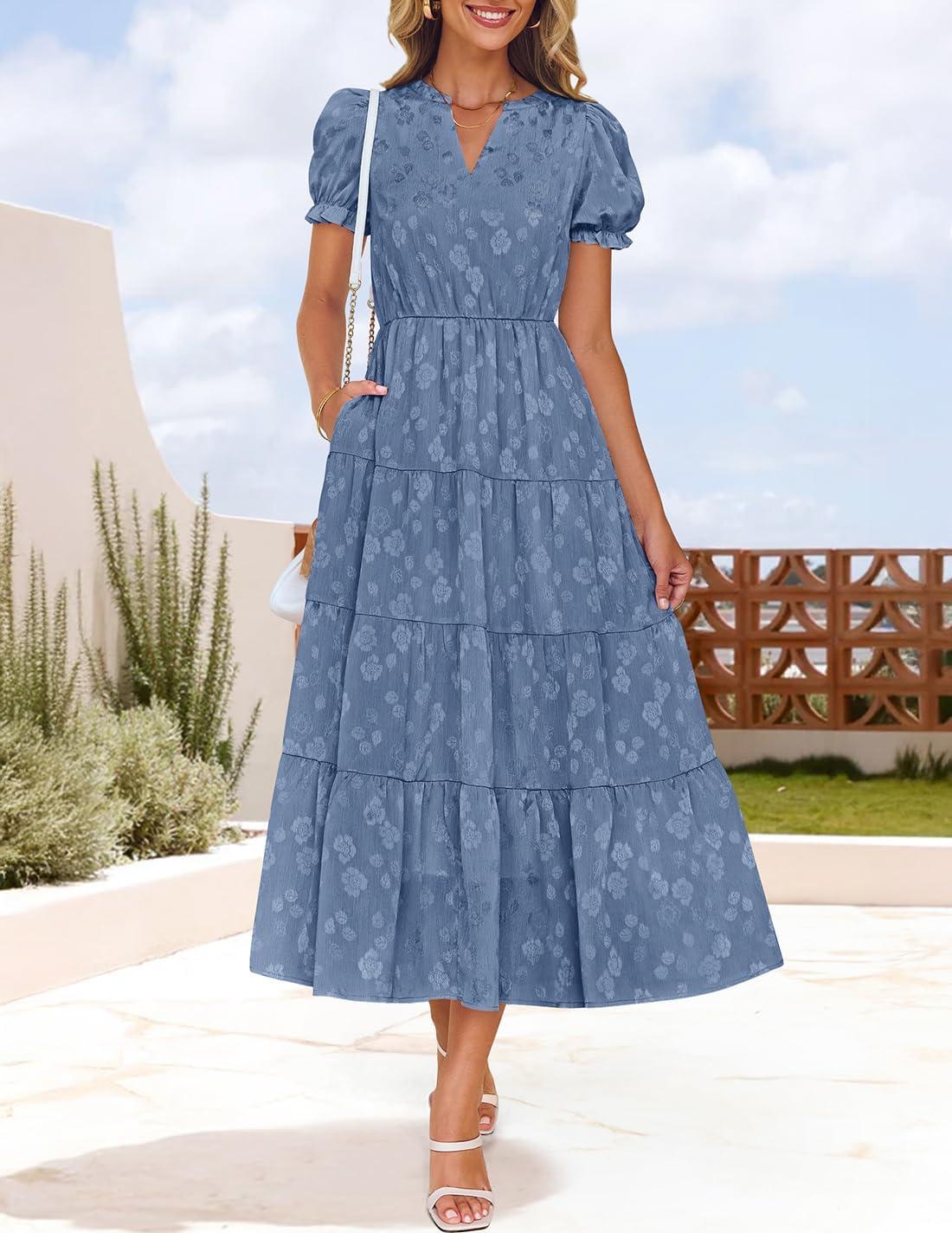 imageZESICA Womens 2025 Summer Puff Short Sleeve Midi Dress Floral V Neck Textured Ruffle Flowy Beach Party DressesBlue