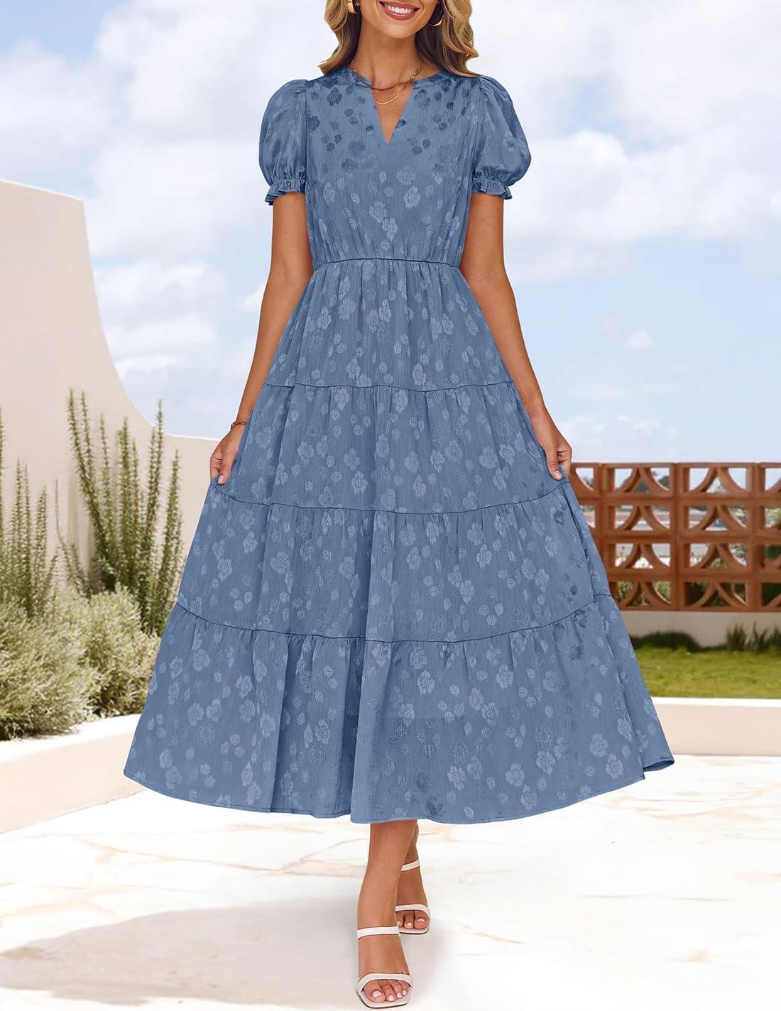 imageZESICA Womens 2025 Summer Puff Short Sleeve Midi Dress Floral V Neck Textured Ruffle Flowy Beach Party DressesBlue