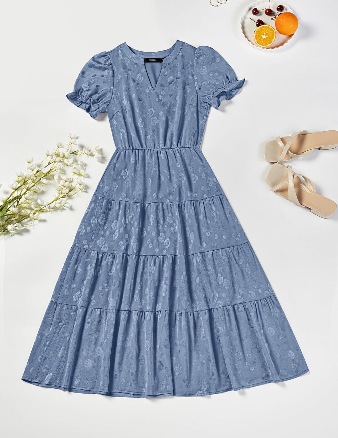 imageZESICA Womens 2025 Summer Puff Short Sleeve Midi Dress Floral V Neck Textured Ruffle Flowy Beach Party DressesBlue