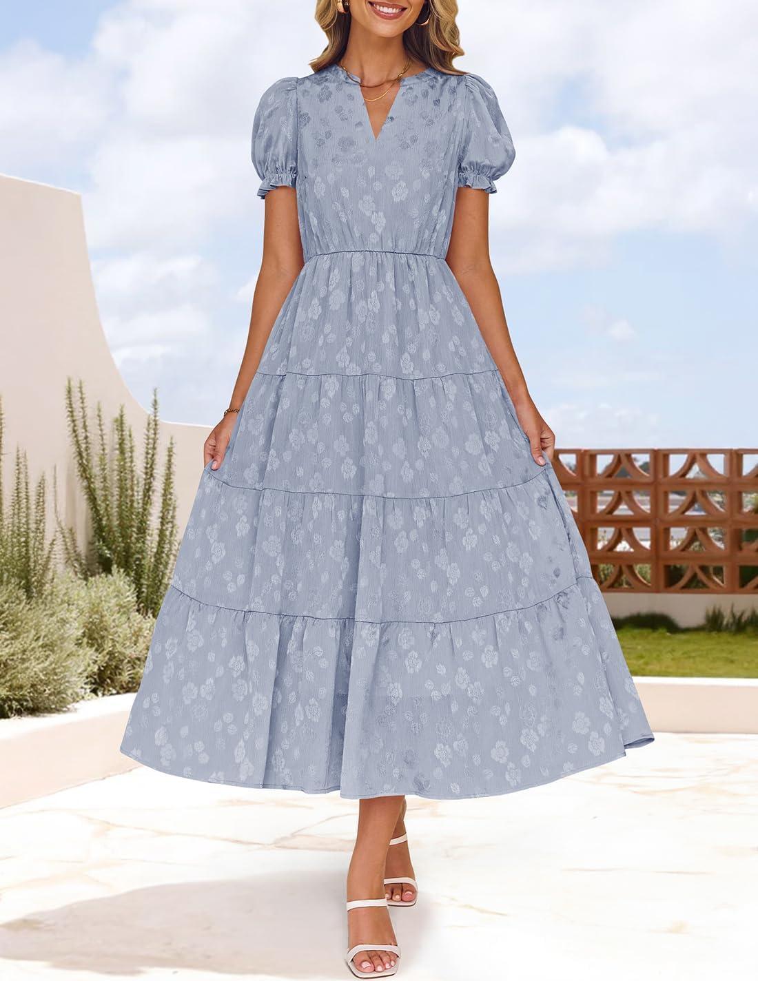 imageZESICA Womens 2025 Summer Puff Short Sleeve Midi Dress Floral V Neck Textured Ruffle Flowy Beach Party DressesDustyblue