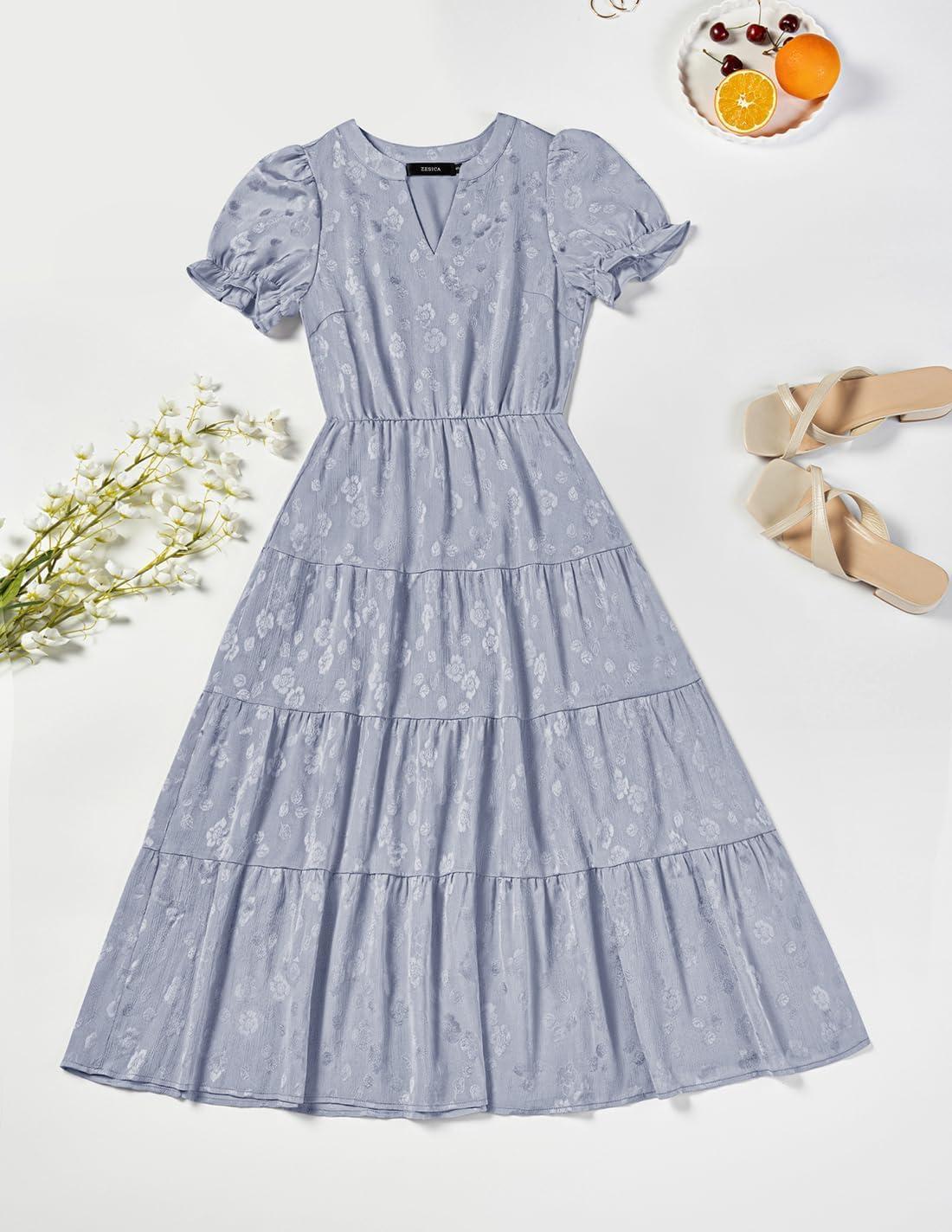 imageZESICA Womens 2025 Summer Puff Short Sleeve Midi Dress Floral V Neck Textured Ruffle Flowy Beach Party DressesDustyblue