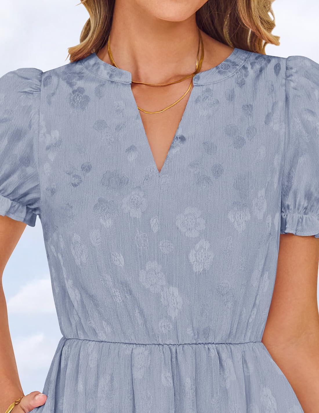 imageZESICA Womens 2025 Summer Puff Short Sleeve Midi Dress Floral V Neck Textured Ruffle Flowy Beach Party DressesDustyblue