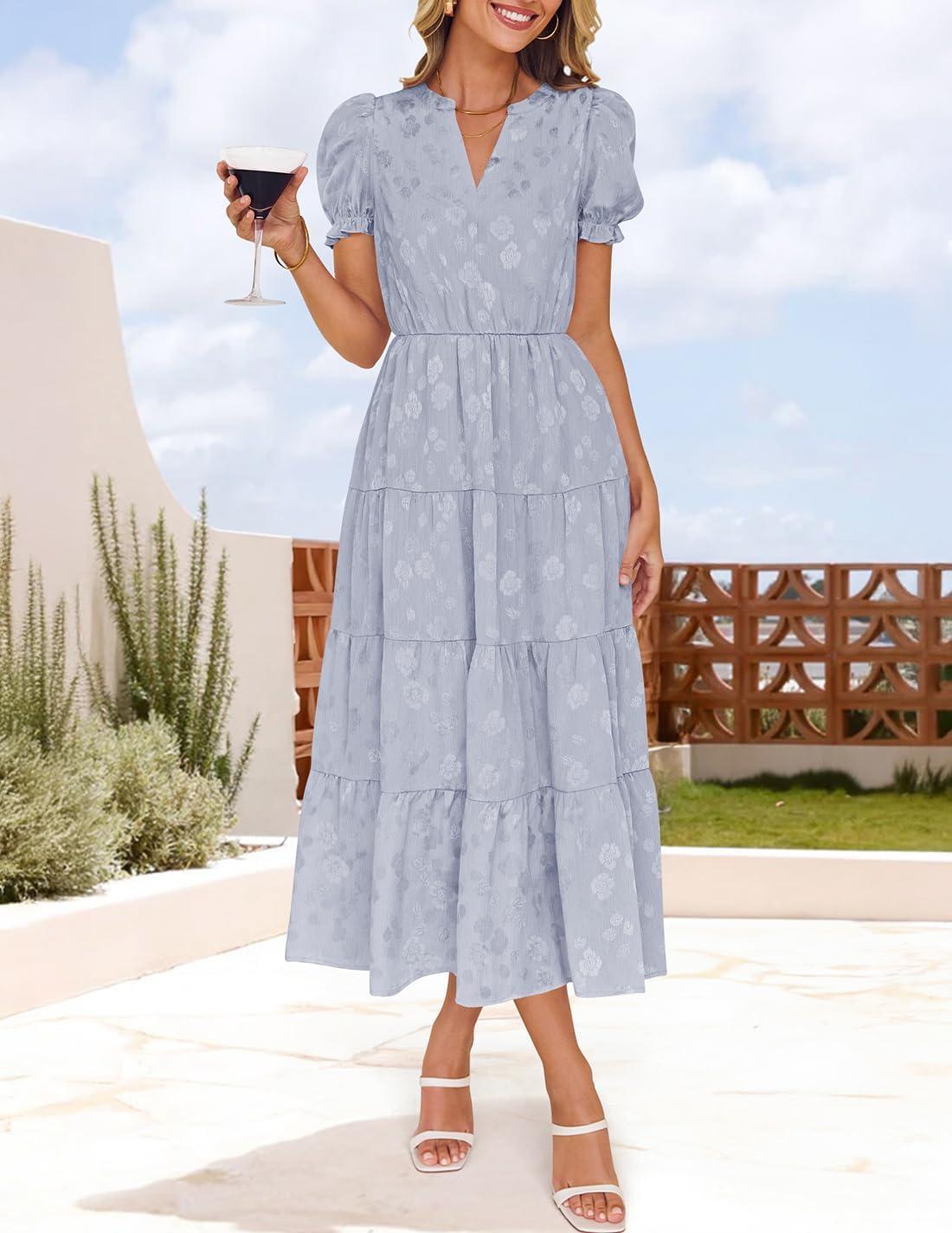 imageZESICA Womens 2025 Summer Puff Short Sleeve Midi Dress Floral V Neck Textured Ruffle Flowy Beach Party DressesDustytaro