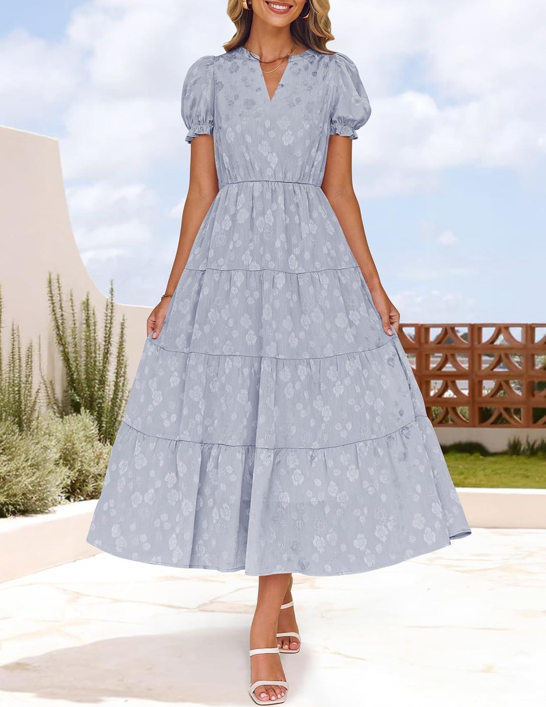 imageZESICA Womens 2025 Summer Puff Short Sleeve Midi Dress Floral V Neck Textured Ruffle Flowy Beach Party DressesDustytaro
