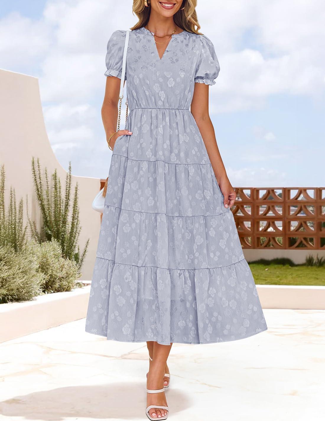imageZESICA Womens 2025 Summer Puff Short Sleeve Midi Dress Floral V Neck Textured Ruffle Flowy Beach Party DressesDustytaro