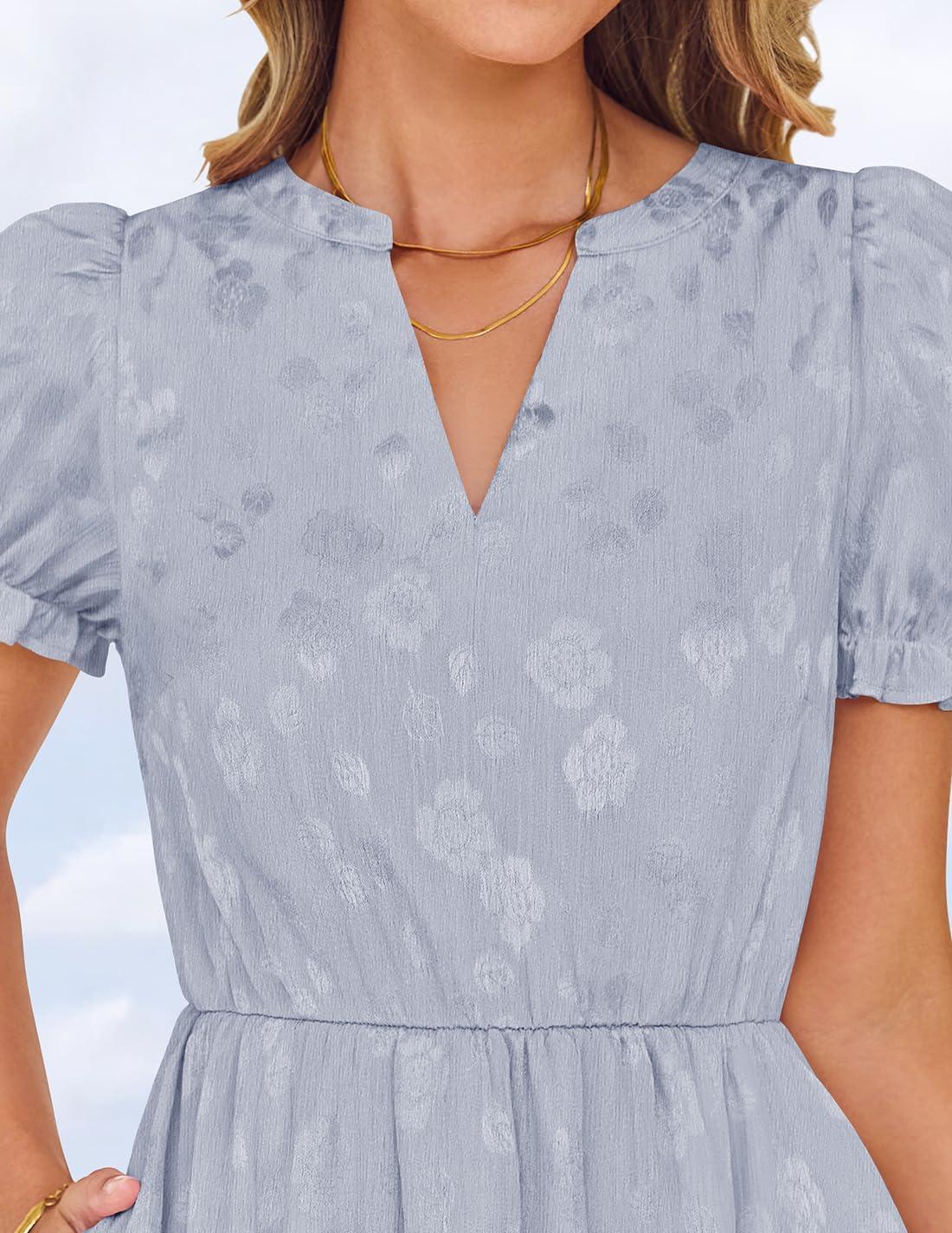 imageZESICA Womens 2025 Summer Puff Short Sleeve Midi Dress Floral V Neck Textured Ruffle Flowy Beach Party DressesDustytaro