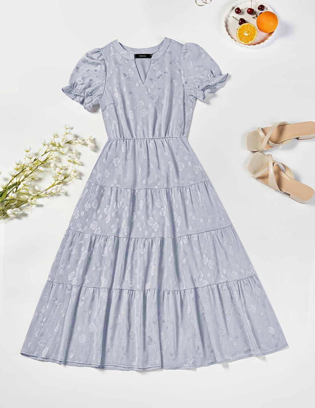 imageZESICA Womens 2025 Summer Puff Short Sleeve Midi Dress Floral V Neck Textured Ruffle Flowy Beach Party DressesDustytaro