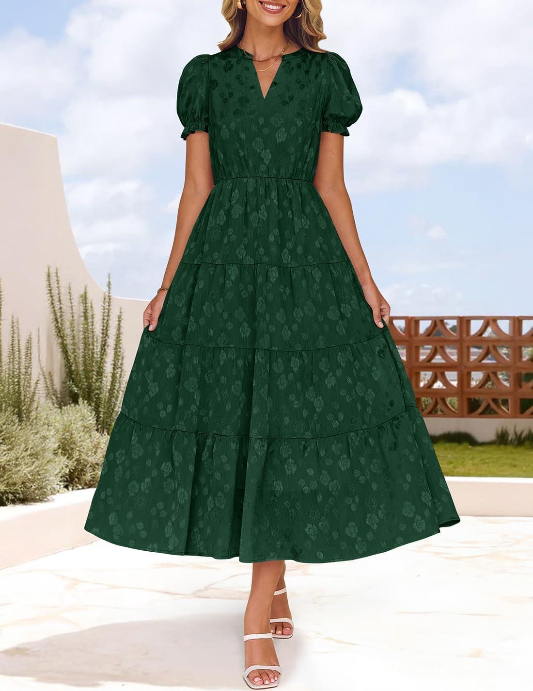 imageZESICA Womens 2025 Summer Puff Short Sleeve Midi Dress Floral V Neck Textured Ruffle Flowy Beach Party DressesGreen