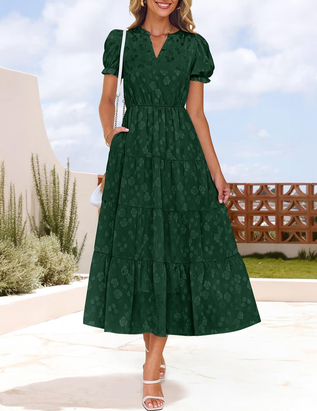 imageZESICA Womens 2025 Summer Puff Short Sleeve Midi Dress Floral V Neck Textured Ruffle Flowy Beach Party DressesGreen